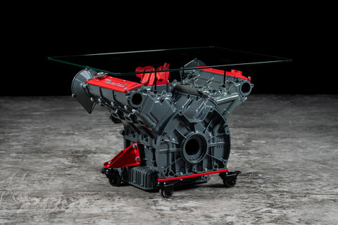 Maserati engine table with glass base