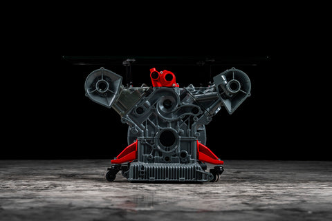 Maserati engine table with glass base