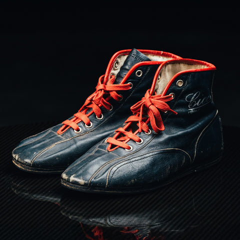 Jacky Ickx original racing shoes, handcrafted by Ciccio Liberto in Cefalù, Sicily. / Scarpe da corsa originali di Jacky Ickx, fatte a mano da Ciccio Liberto a Cefalù, Sicilia.